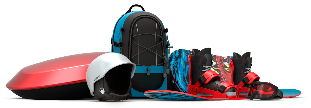 Car rendering accessories including snowboard, helmet, backpack, and roof box. 