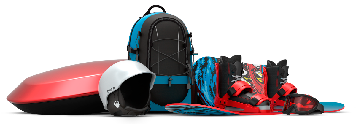 Car rendering accessories including snowboard, helmet, backpack, and roof box.